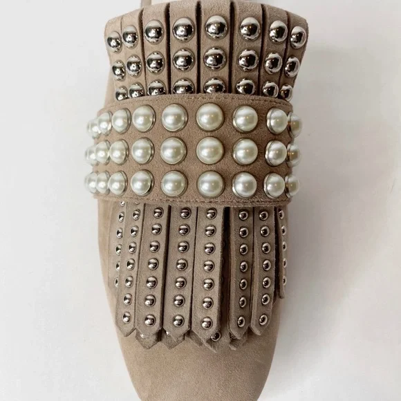 NWOB Jeffrey Campbell Ravis Pearl Studded Embellished Fringe Taupe Suede Mules - Picture 4 of 10